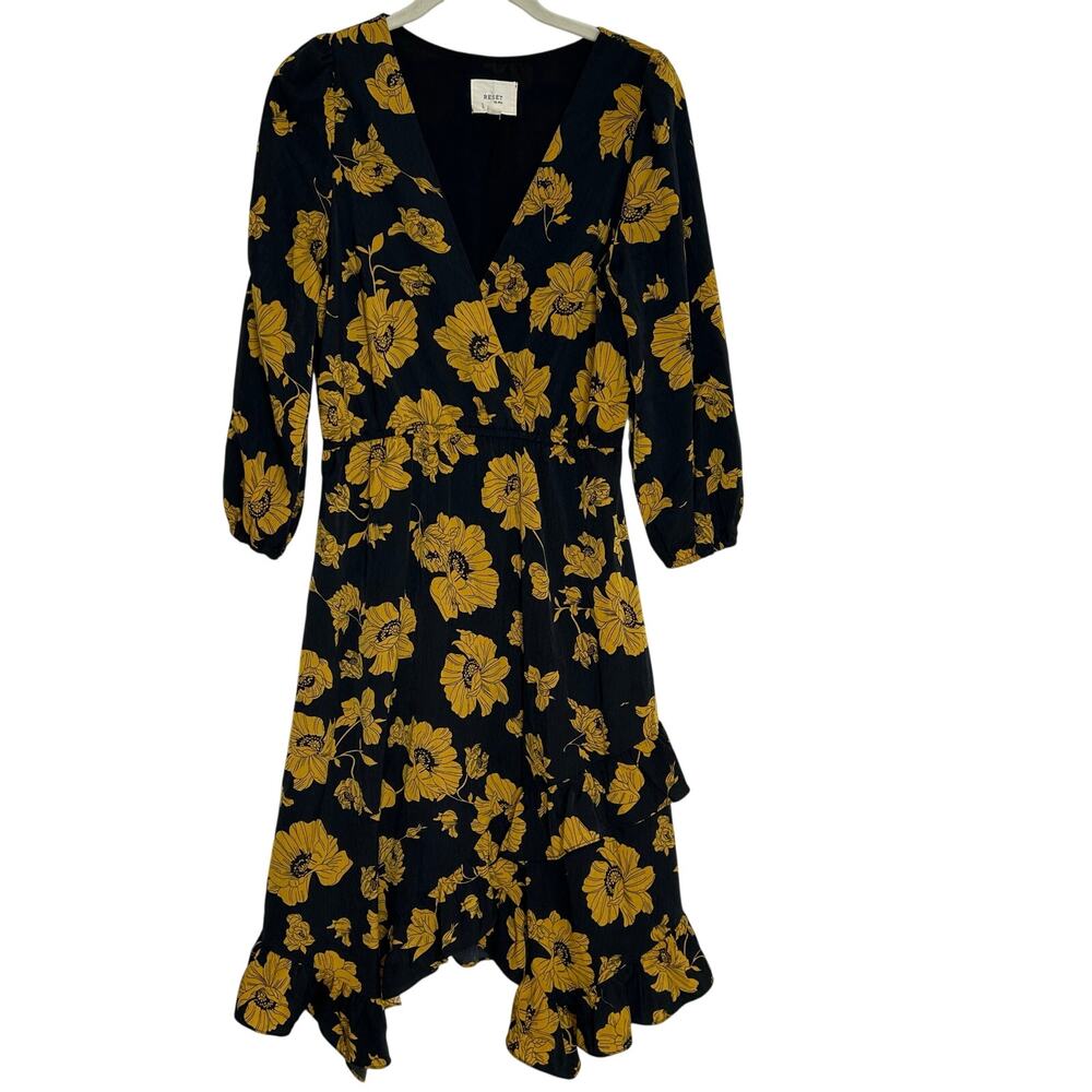 Reset by Jane faux wrap dress black and yellow floral size small